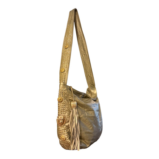 Studded fringe zipper lion head detailed metallic hobo bag