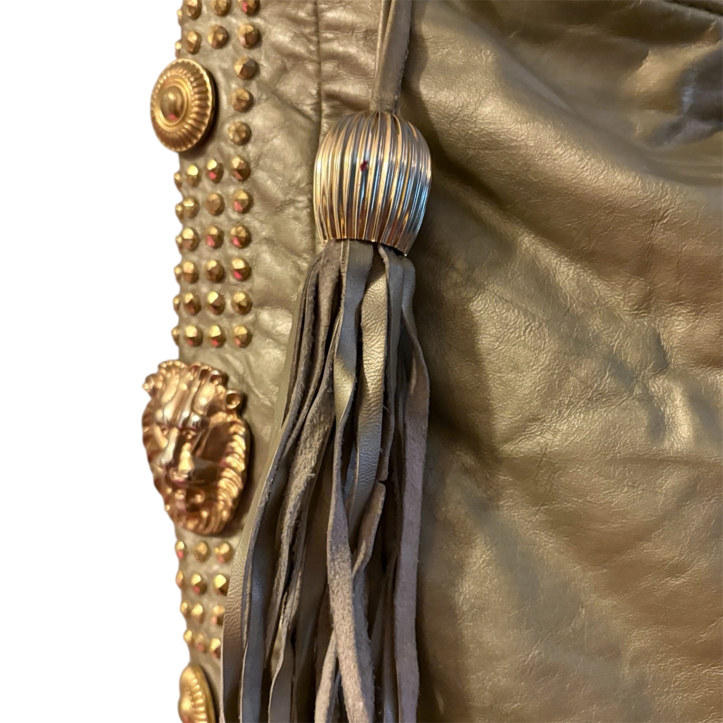 Studded fringe zipper lion head detailed metallic hobo bag