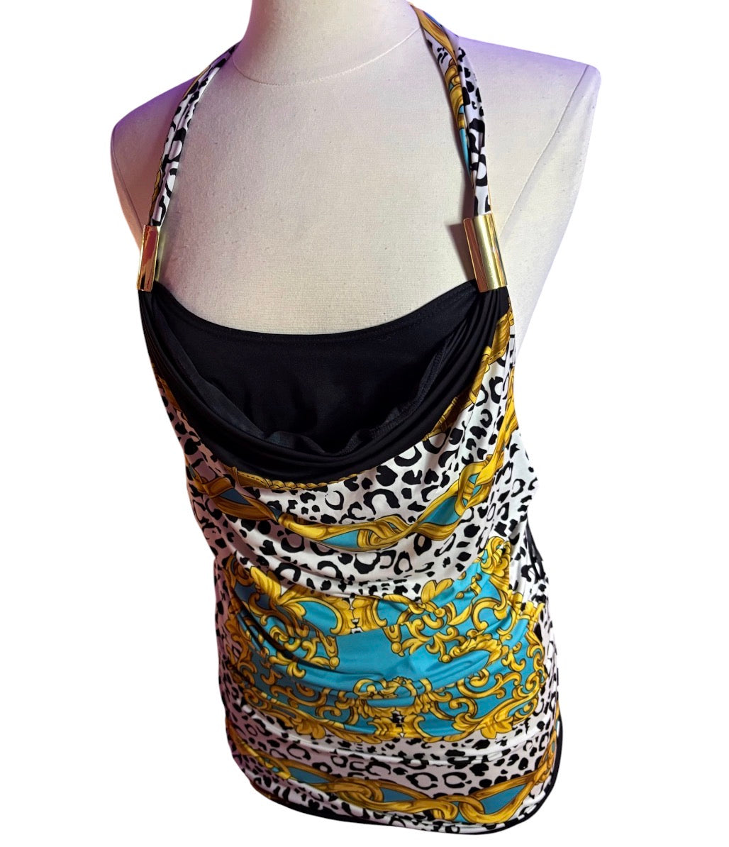 CACHÉ-Turquoise and gold detailed animal print
